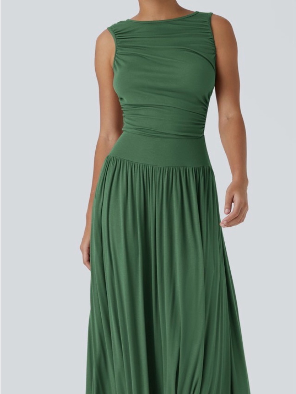 Halara Ribbed Boat Neck Asymmetric Strap Ruched Pocket Flowy Maxi Casual Dress
